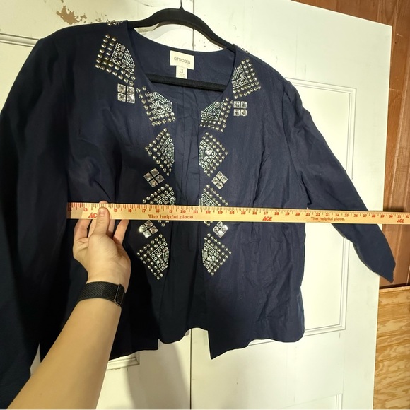 Chico's Embellished Blazer Navy Blue Open Front Linen Blend Size 3 / Large Jewel - Picture 5 of 10